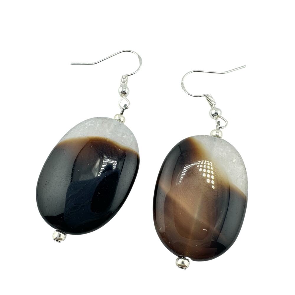 925 Sterling Silver Onyx in Quartz Polished Natural Stone Handmade 2” Earrings